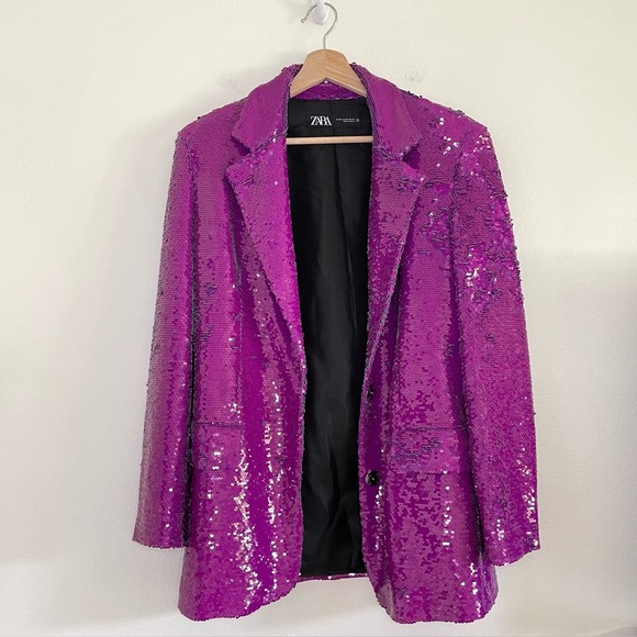Zara Sequin Blazer Notch Lapel Oversized Jacket Purple Fuchsia XS - Picture 8 of 15